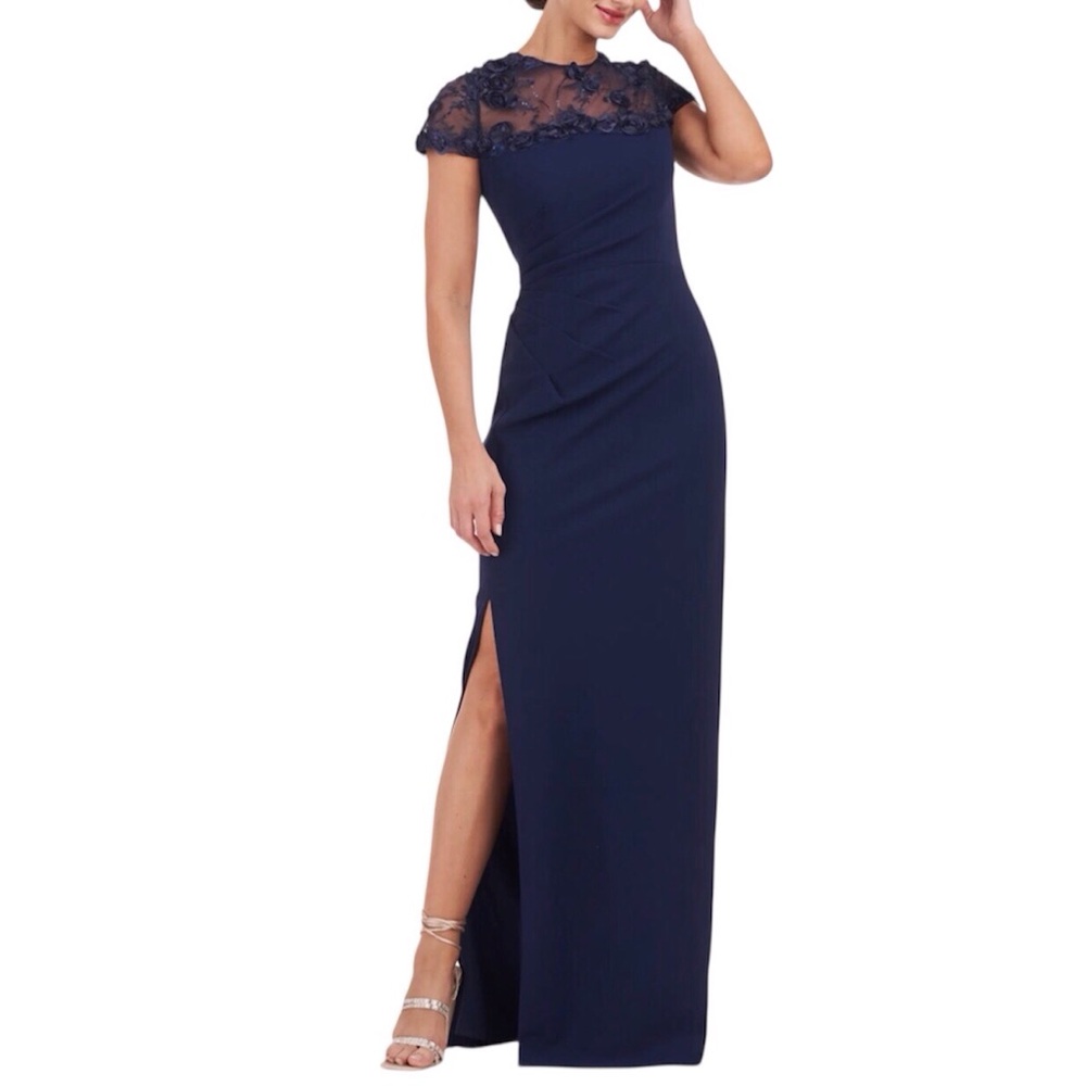 JS Collections Gown Rosette Blue Embroidered Mesh Yoke Sheath Dress Size 4